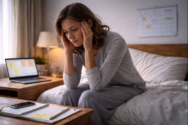 Person overwhelmed by thoughts about the day ahead upon waking