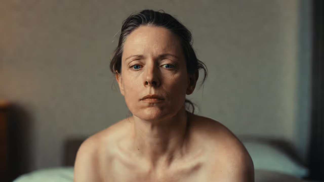 Woman sitting indoors with an emotionally numb and disconnected expression