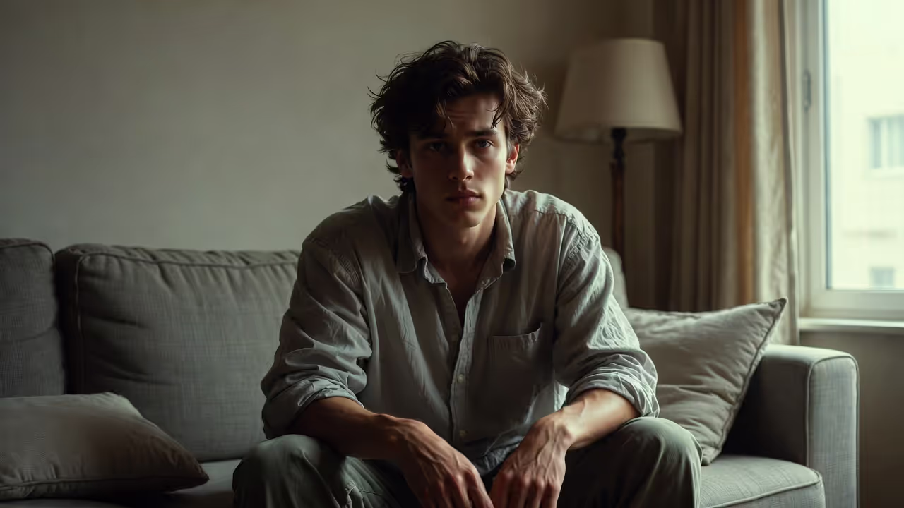 Adult sitting on a couch indoors looking fatigued