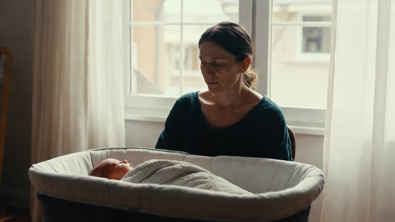 New mother indoors showing exhaustion and low mood