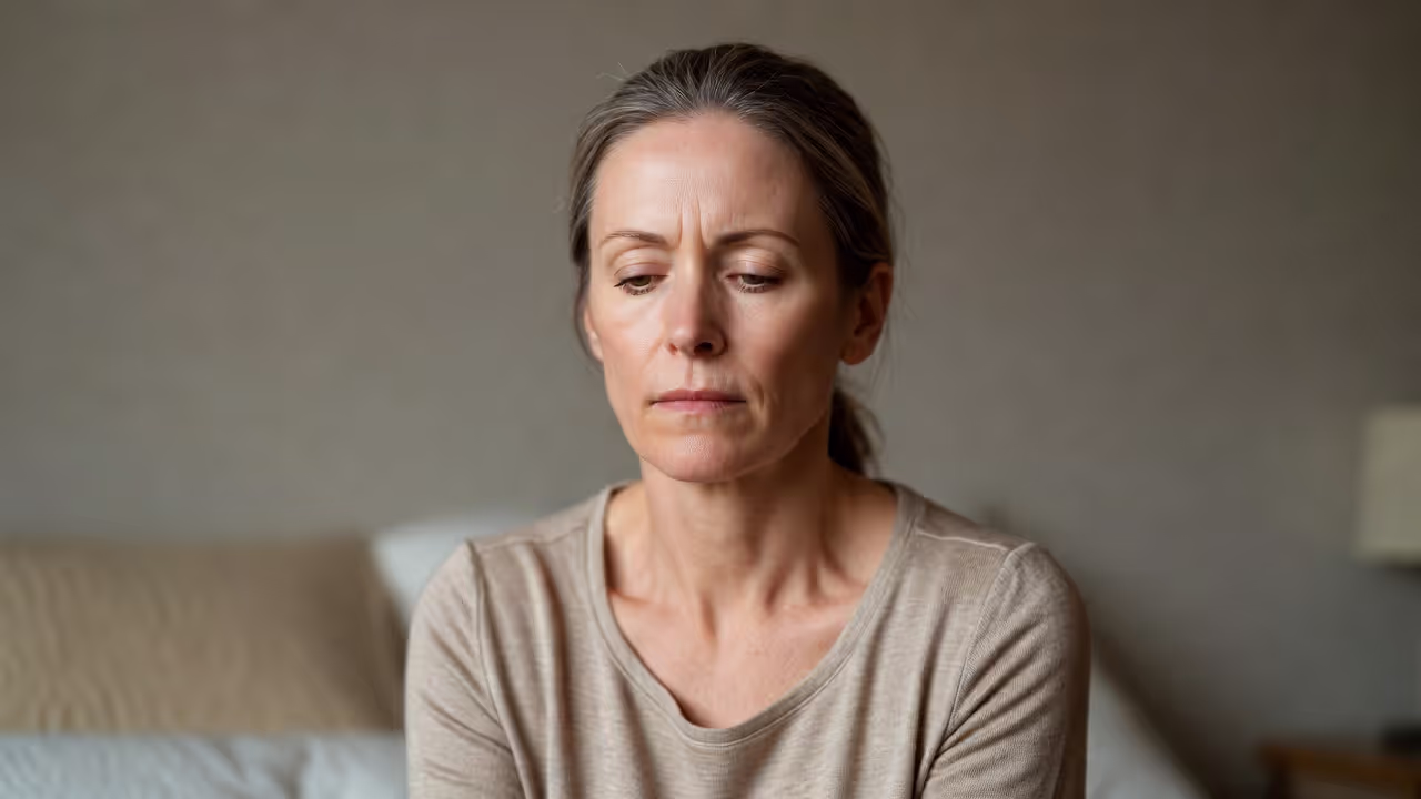 Woman sitting indoors with fatigue and emotional numbness