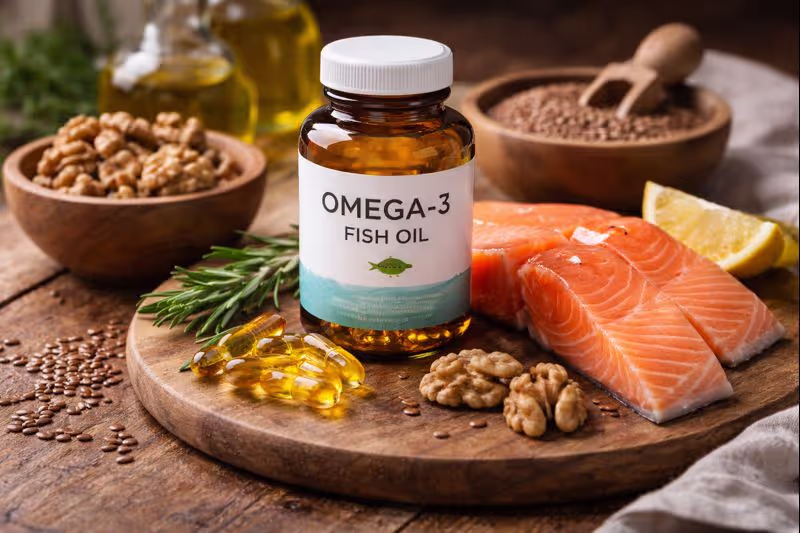 Omega-3 fish oil supplements alongside natural food sources like salmon and walnuts
