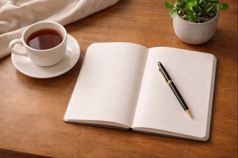 Open journal with pen on a wooden desk next to a cup of tea, ready for writing