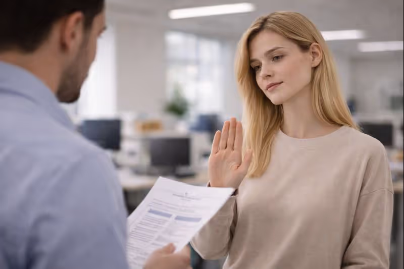 Woman calmly declining a request from a coworker with a polite hand gesture